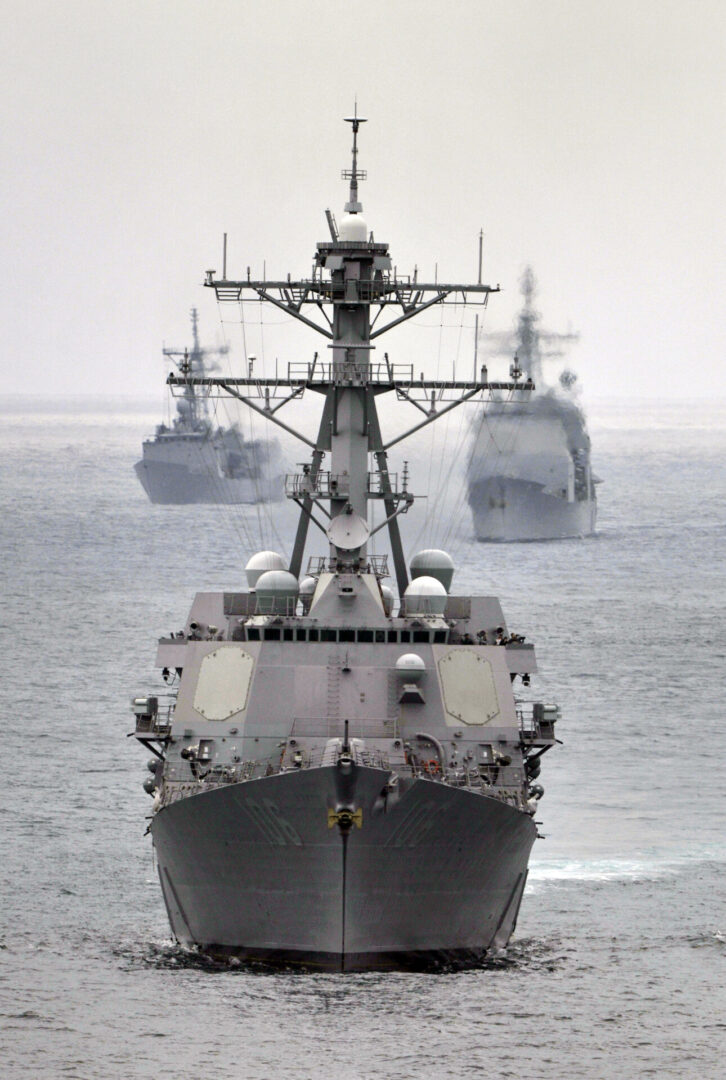 110921-N-GZ277-069
PACIFIC OCEAN (Sept. 21, 2011) The Arleigh Burke-class guided-missile destroyer USS Stockdale (DDG 106) leads a formation of ships from the Carl Vinson Carrier Strike Group. The Carl Vinson Carrier Strike Group is underway conducting operations off the coast of Southern California. (U.S. Navy photo by Mass Communication Specialist Seaman Nicolas C. Lopez/Released)